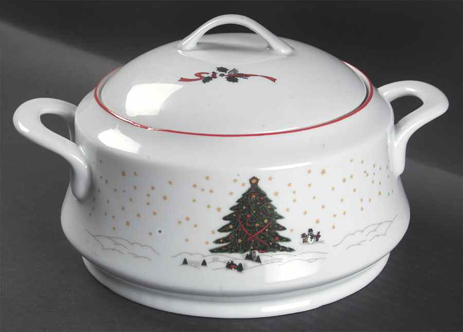 Christmas Pleasure (Scalloped, Red Trim) Round Covered Vegetable by Kopin-1