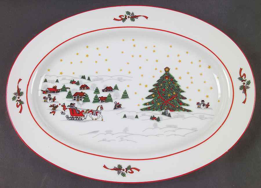 Christmas Pleasure (Scalloped, Red Trim) 13" Oval Serving Platter by Kopin-1
