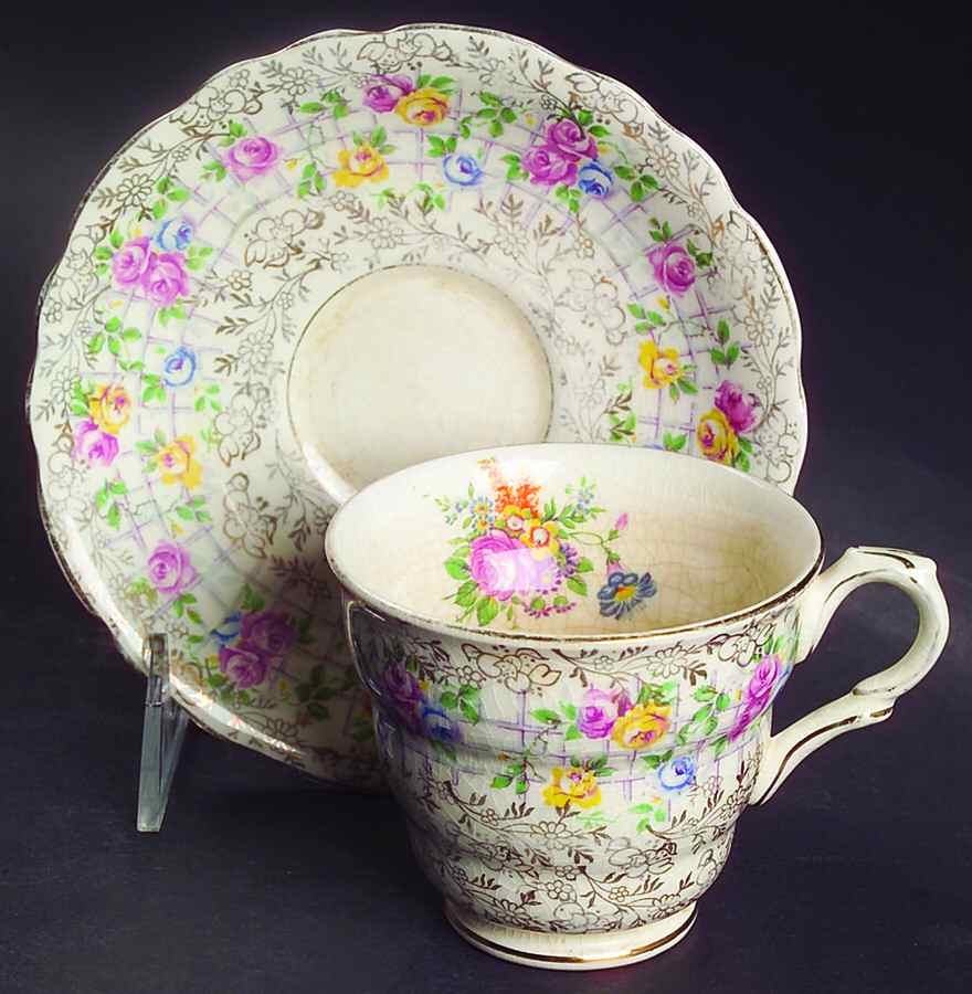 Trellis Rose (Scalloped, England) Footed Cup & Saucer Set by James Kent (England)-1