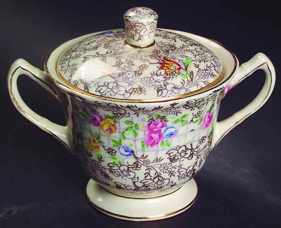 Trellis Rose (Scalloped, England) Sugar Bowl & Lid by James Kent (England)-1