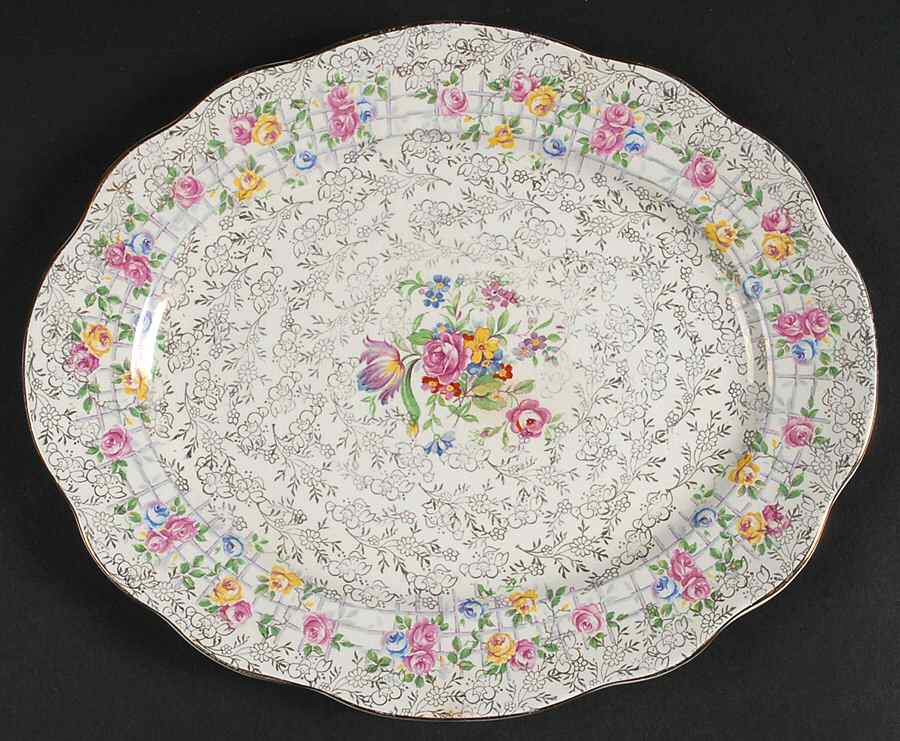 Trellis Rose (Scalloped, England) 10" Oval Serving Platter by James Kent (England)-1