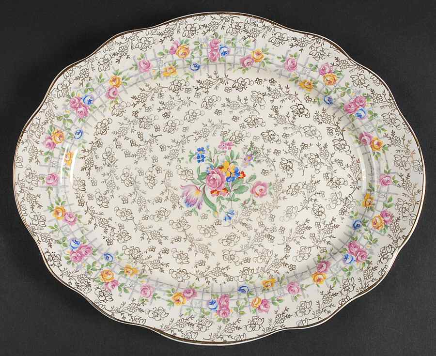 Trellis Rose (Scalloped, England) 11" Oval Serving Platter by James Kent (England)-1