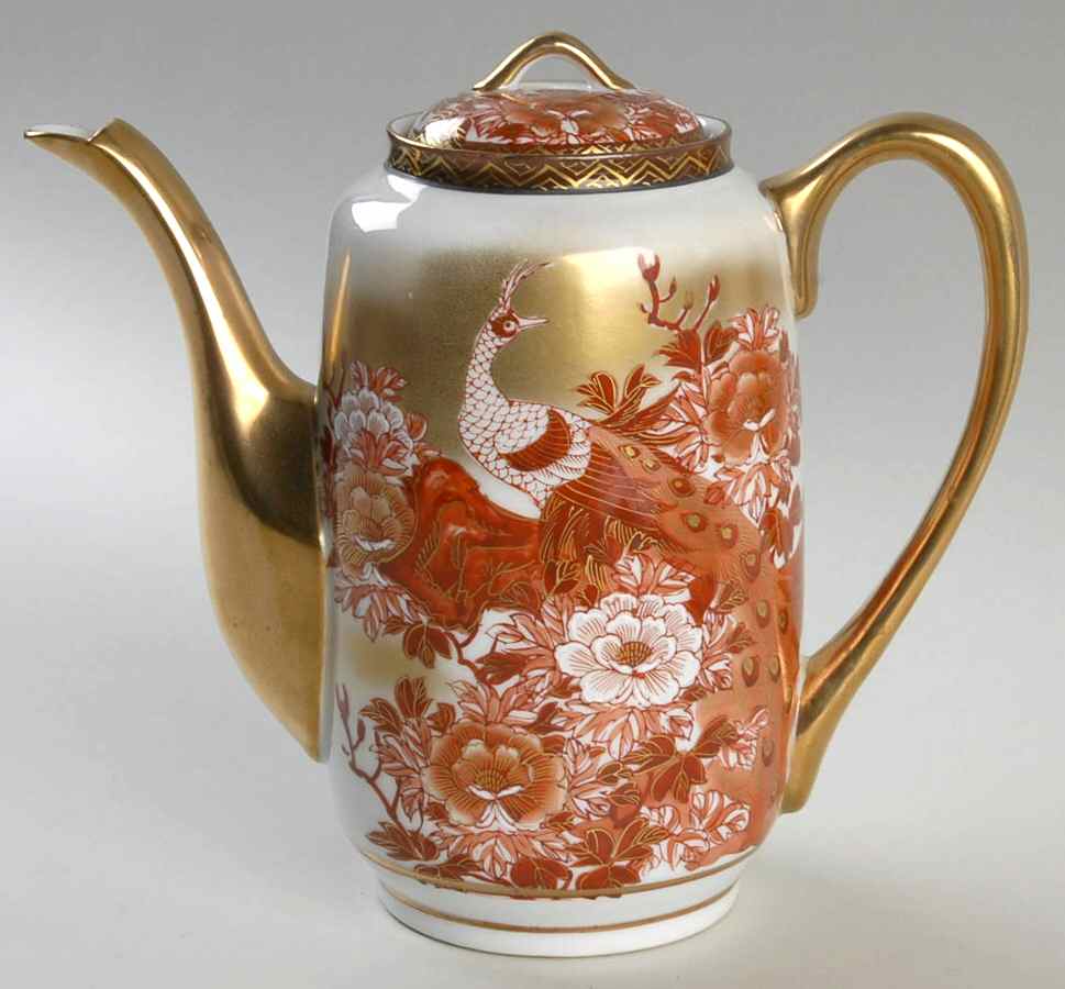 Red Peacock and Peonies Small Coffee Pot & Lid by Kutani-1