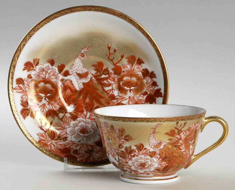 Red Peacock and Peonies Footed Cup & Saucer Set by Kutani-1
