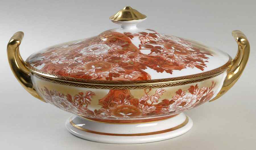 Red Peacock and Peonies Round Covered Vegetable by Kutani-1