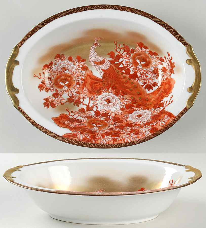 Red Peacock and Peonies 10" Oval Vegetable Bowl by Kutani-1