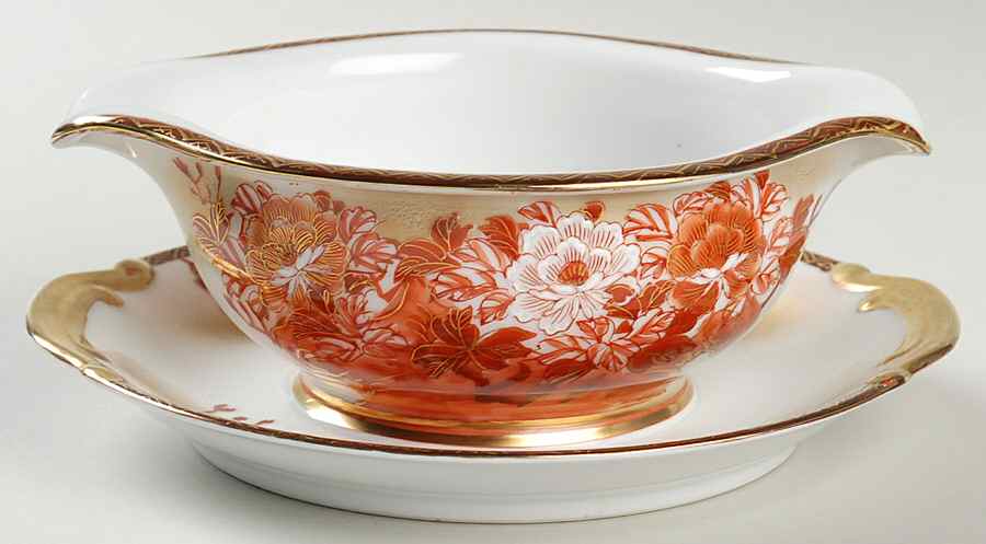Red Peacock and Peonies Gravy Boat with Attached Underplate by Kutani-1