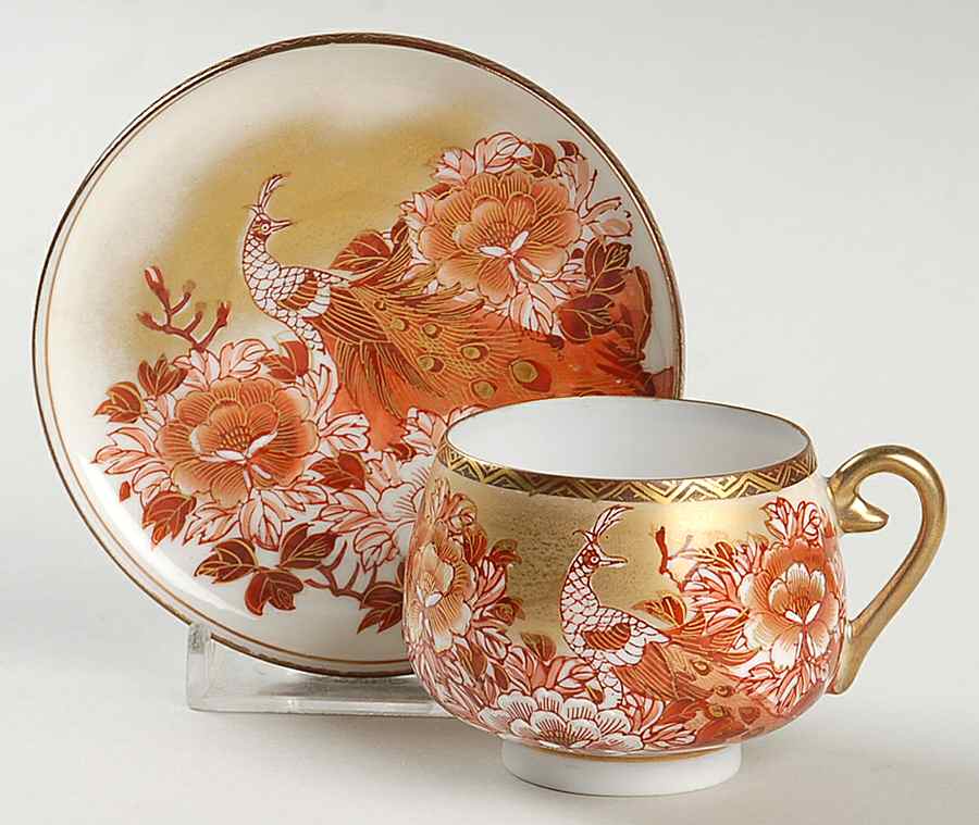 Red Peacock and Peonies Footed Demitasse Cup & Saucer Set by Kutani-1