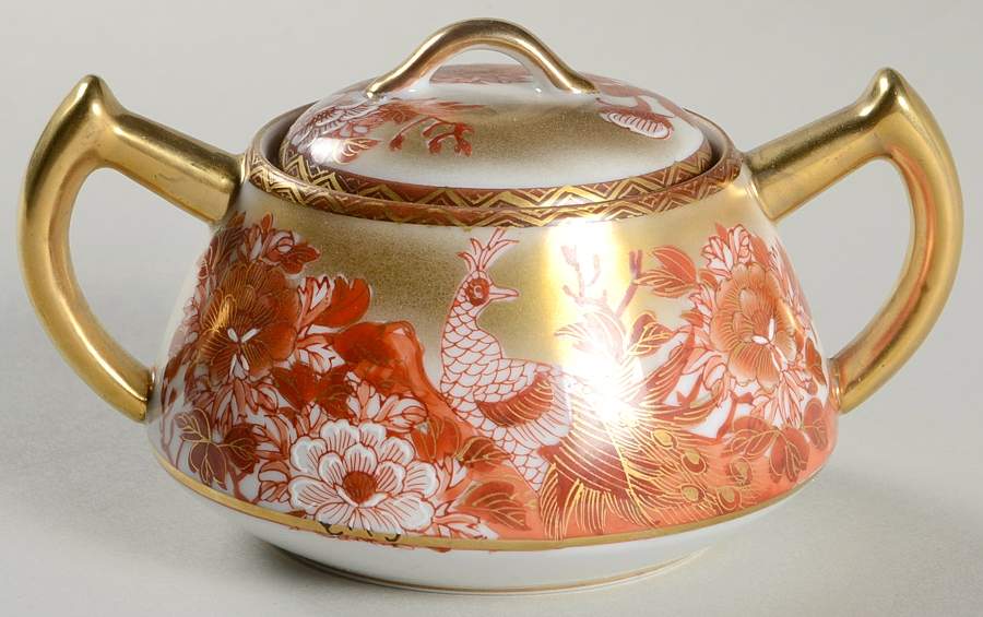 Red Peacock and Peonies Mini Sugar Bowl & Lid by Kutani-1