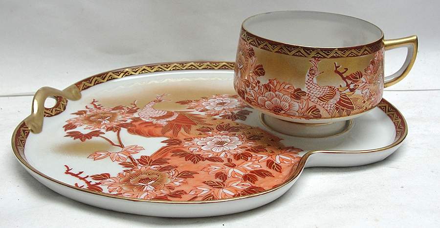 Red Peacock and Peonies Snack Plate & Cup Set by Kutani-1