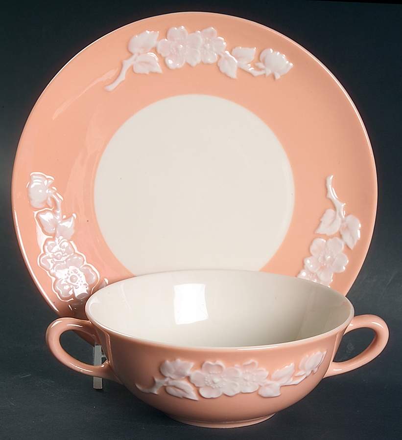 Apple Blossom Coral Flat Cream Soup Bowl & Saucer Set by Lenox-1