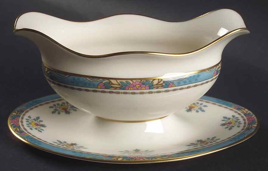 Blue Tree (Gold Trim) Gravy Boat with Attached Underplate by Lenox-1