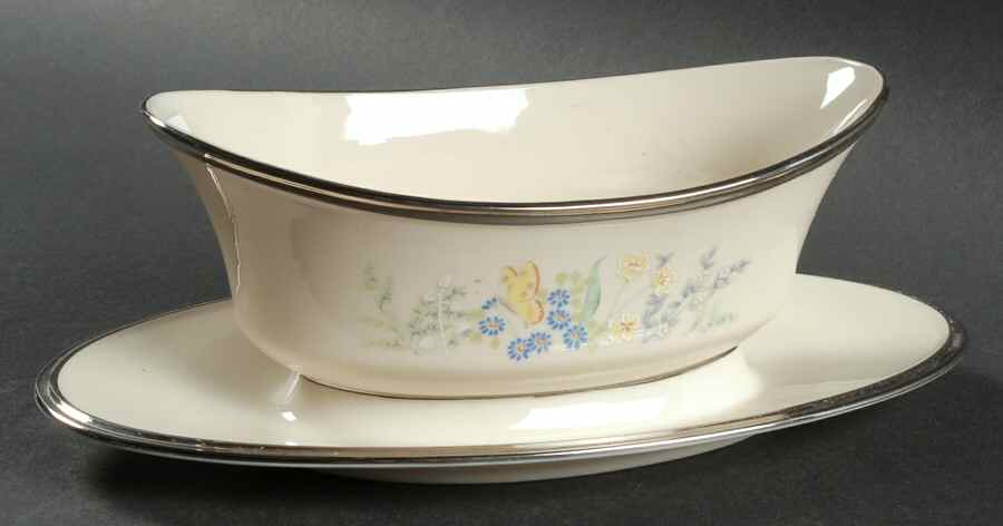 Cinderella (Newer, Platinum Trim) Gravy Boat with Attached Underplate by Lenox-1