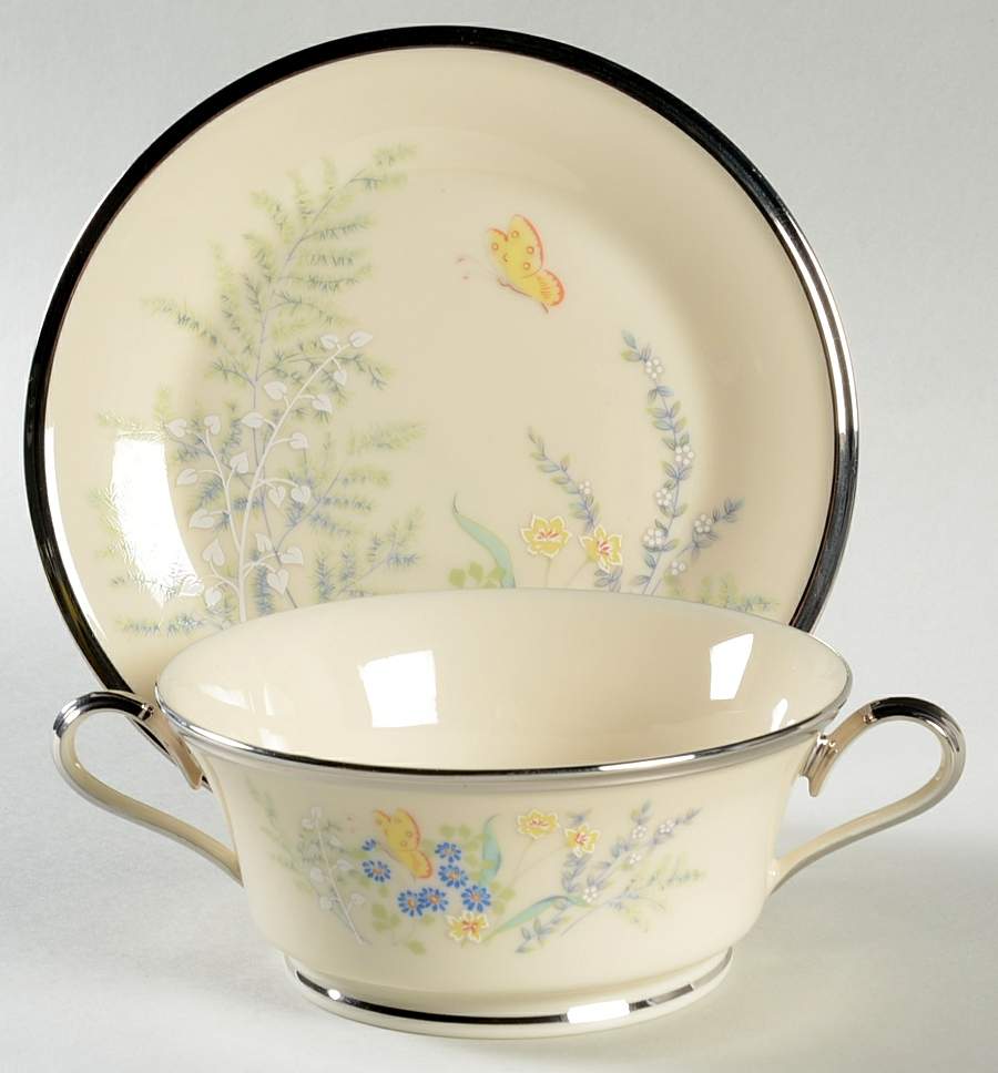 Cinderella (Newer, Platinum Trim) Footed Cream Soup & Dessert Plate/Saucer Set by Lenox-1