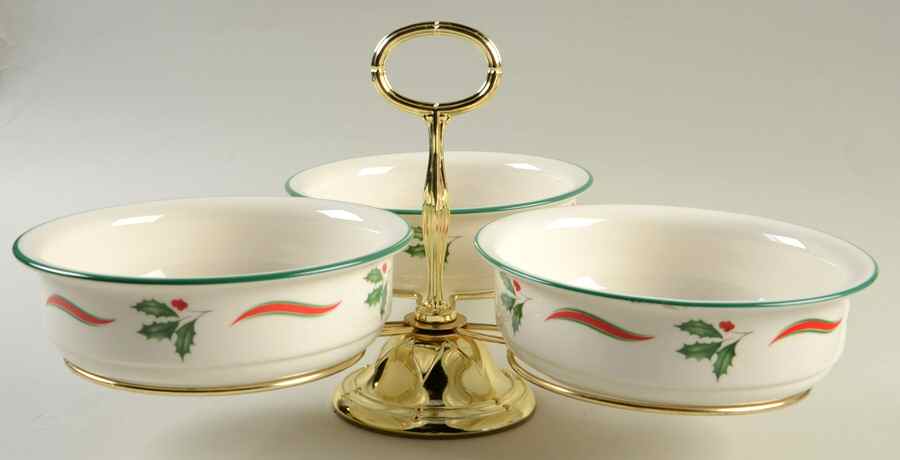 Country Holly 7" x 12" 3-Part Relish & Metal Stand (CERC) HC by Lenox-1
