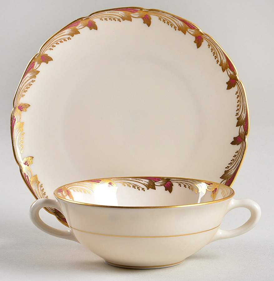 Essex Maroon (Scalloped) Flat Cream Soup Bowl & Saucer Set by Lenox-1