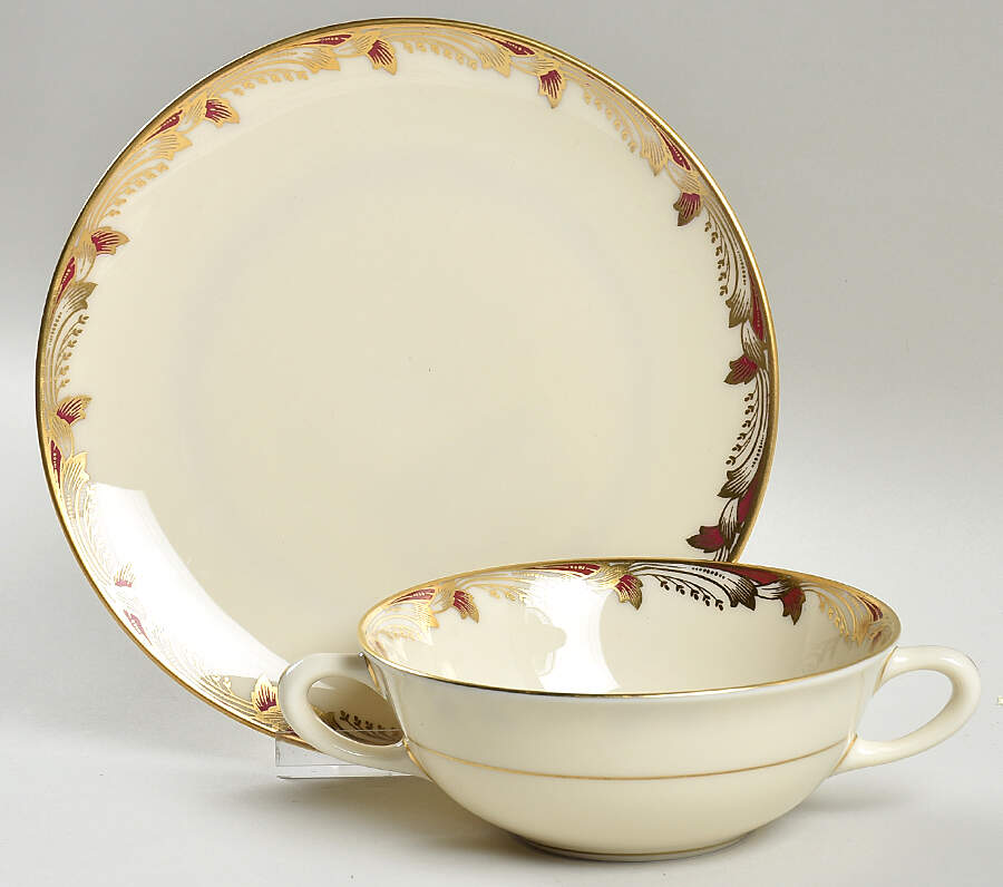 Essex Maroon (Smooth) Flat Cream Soup Bowl & Saucer Set by Lenox-1