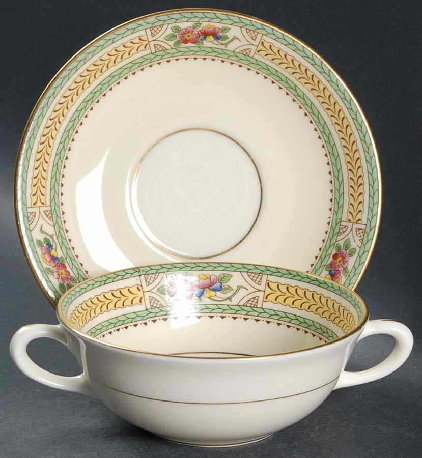Floralia (Green Yellow Wreath) Flat Cream Soup Bowl & Saucer Set by Lenox-1