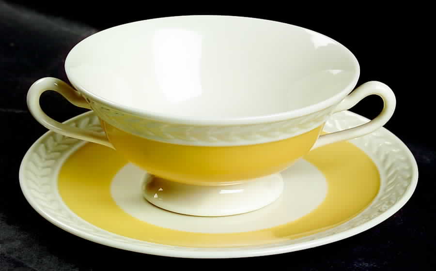Fontaine Yellow (Embossed White Laurel) Footed Cream Soup Bowl & Saucer Set by Lenox-1