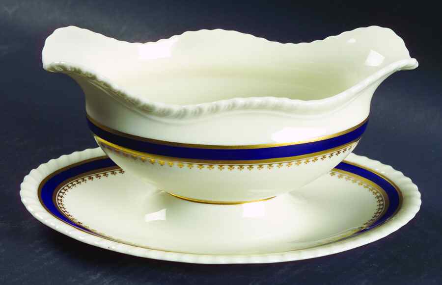Georgian Blue Gravy Boat with Attached Underplate by Lenox-1