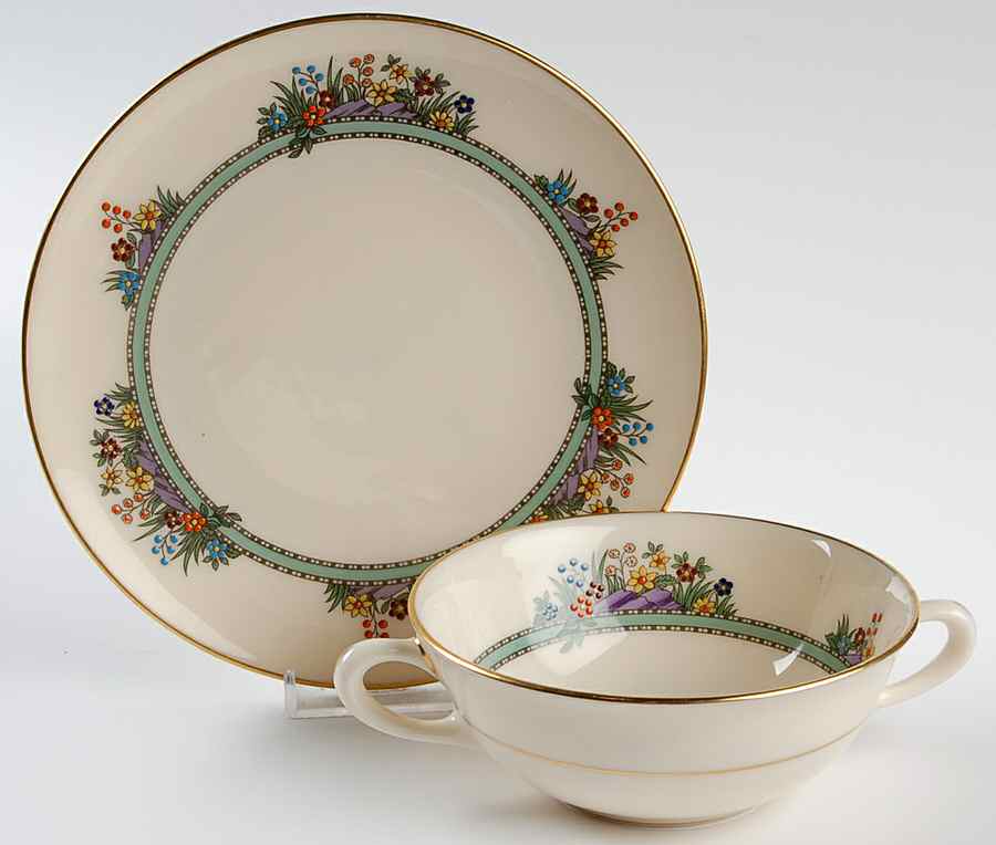 Hathaway (Green) Flat Cream Soup Bowl & Dessert Plate/Saucer Set by Lenox-1