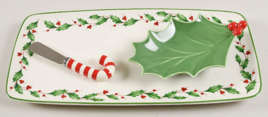 Holiday (Dimension) Hostess Set - 3 Piece (Rectangular Tray, Leaf Dish & Candy Cane Spreader) by Lenox-1