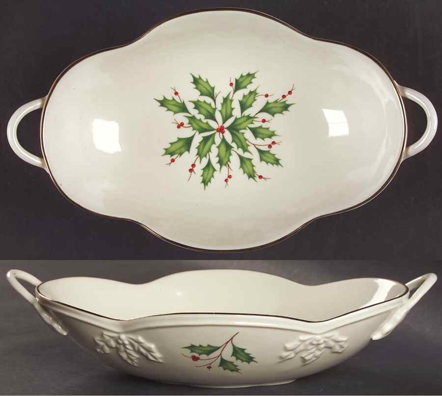 Holiday (Dimension) 11" Handled Embossed Oval Bowl by Lenox-1