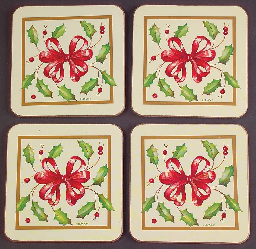 Holiday Gold (Red Ribbon Accent) (4 Pc) Cork Back Square Coaster Set by Lenox-1