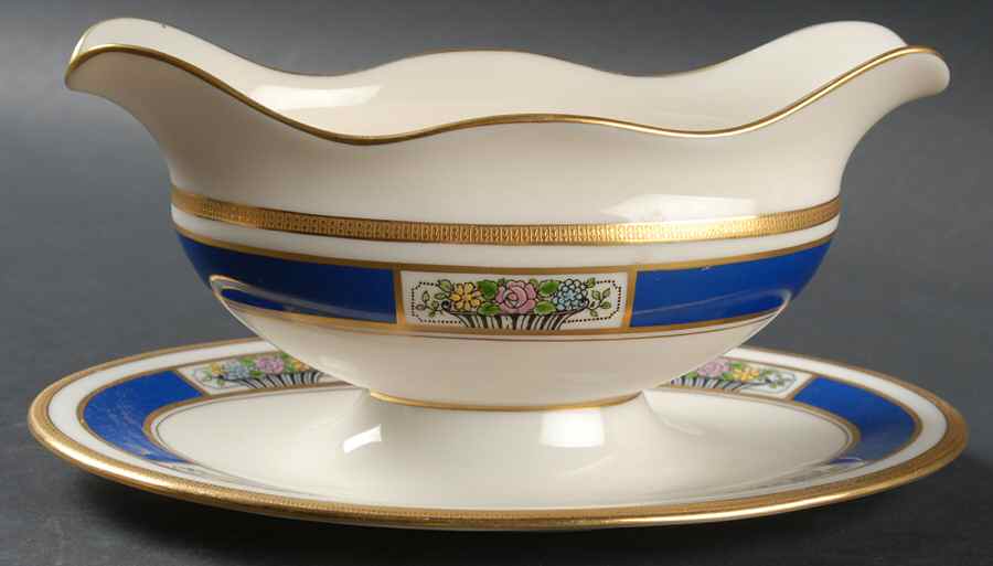 M71 Chinese Blue Gravy Boat with Attached Underplate by Lenox-1
