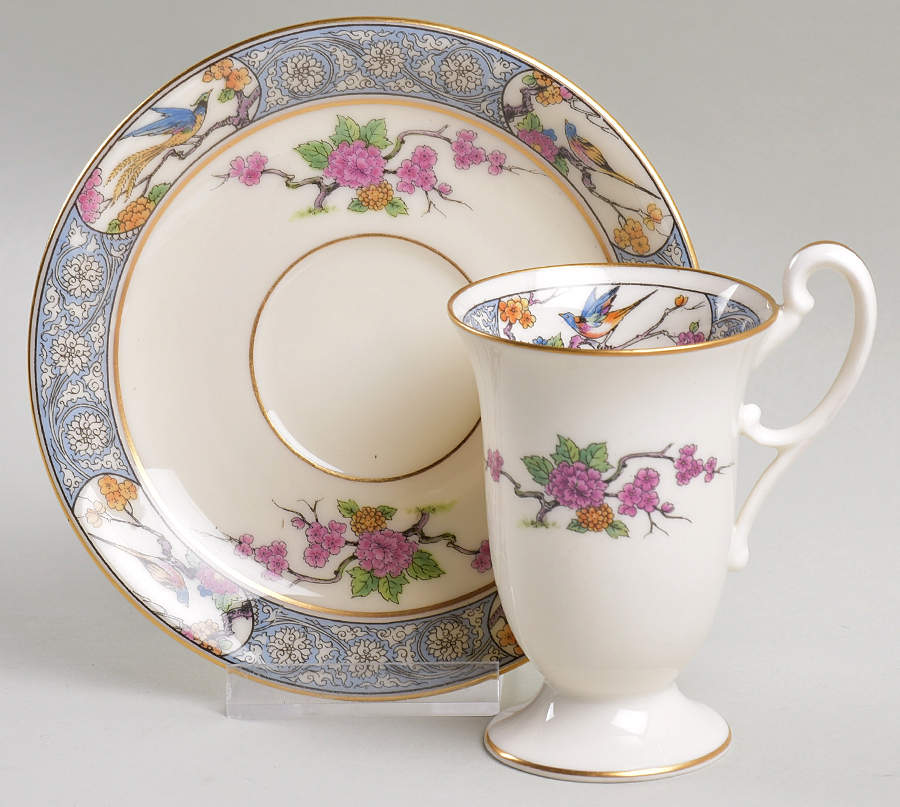 Ming-Birds (Older, Cream, Black Green Stamp) Chocolate Cup & Saucer Set by Lenox-1