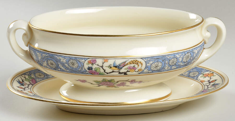 Ming-Birds (Older, Cream, Black Green Stamp) Sauce Boat & Underplate No Lid by Lenox-1