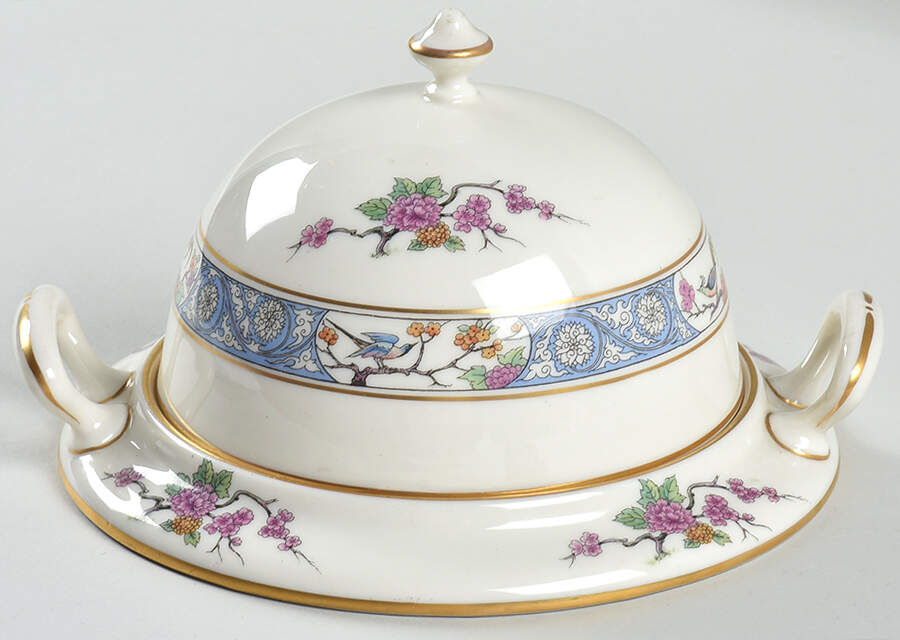 Ming-Birds (Older, Cream, Black Green Stamp) Round Cheese Dish & Lid by Lenox-1