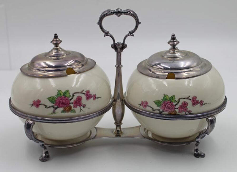 Ming-Birds (Older, Cream, Black Green Stamp) 5 Pc Condiment Set, 2 Bowls with Sterling Lids & Stand by Lenox-1