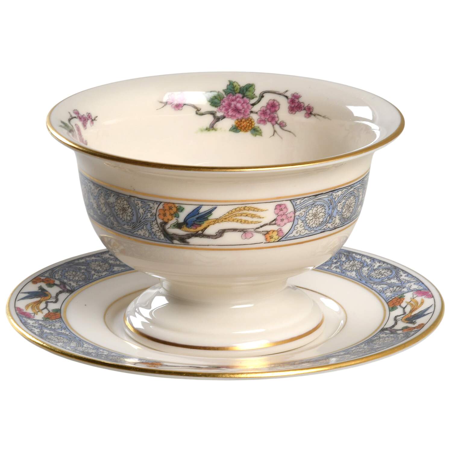 Ming-Birds (Older, Cream, Black Green Stamp) Mayonnaise Bowl & Underplate by Lenox-1
