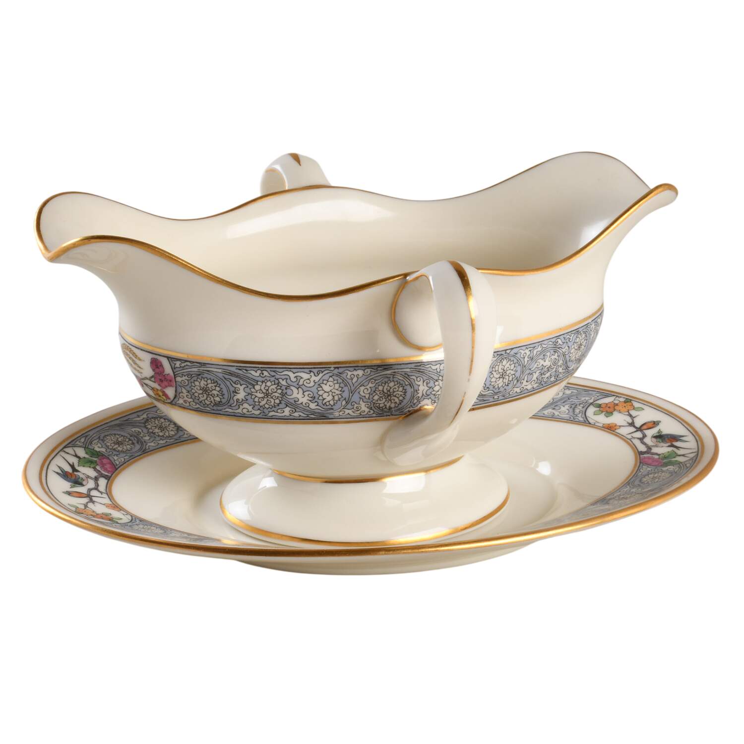 Ming-Birds (Older, Cream, Black Green Stamp) Gravy Boat & Underplate by Lenox-1
