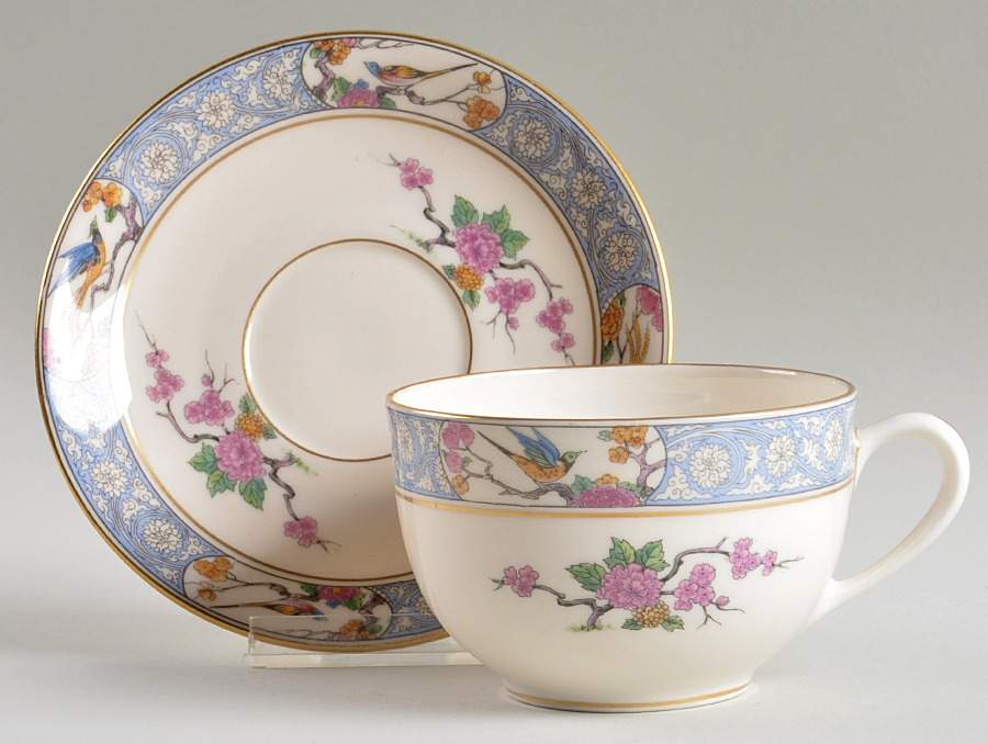Ming-Birds (Older, Cream, Black Green Stamp) Flat Cup & Saucer Set by Lenox-1