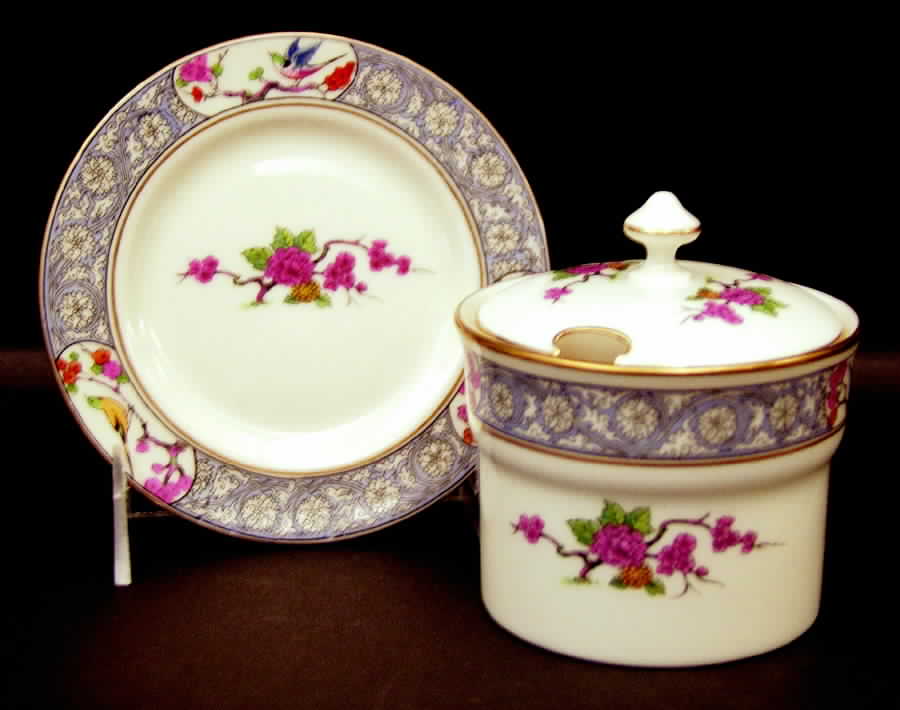Ming-Birds (Older, Cream, Black Green Stamp) Jam/Jelly & Lid W/Underplate by Lenox-1