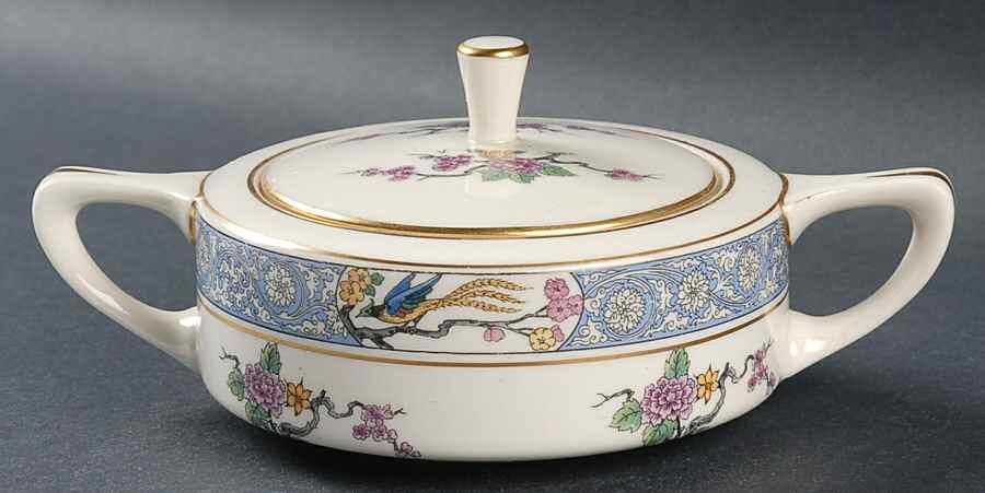 Ming-Birds (Older, Cream, Black Green Stamp) Shape 1691 Sugar Bowl & Lid by Lenox-1
