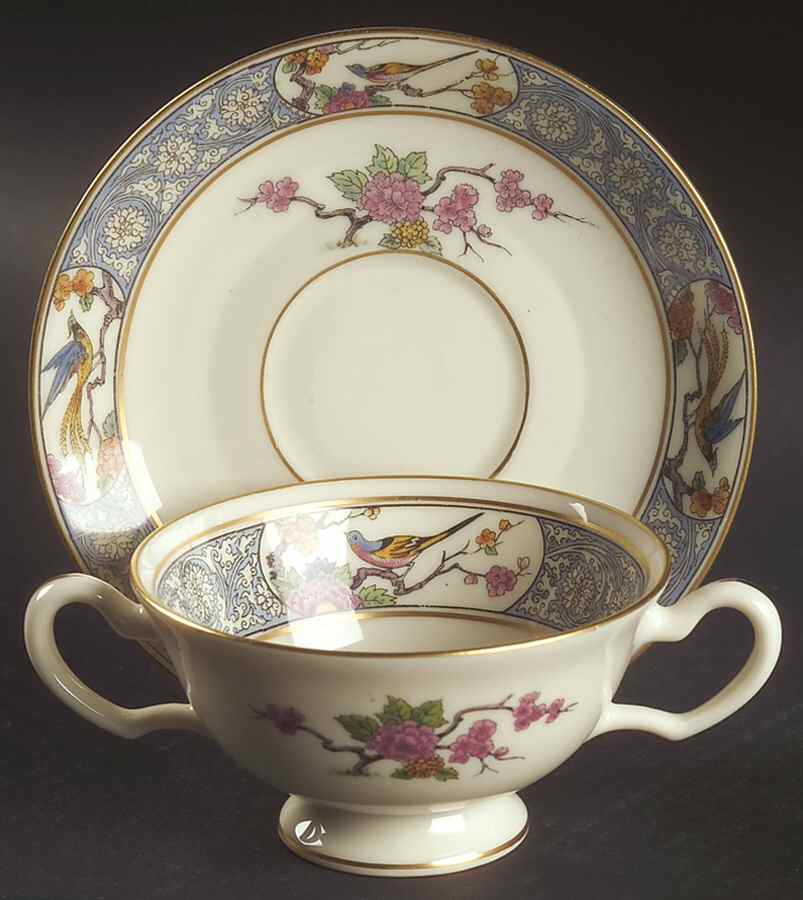 Ming-Birds (Older, Cream, Black Green Stamp) Footed Bouillon Cup & Saucer by Lenox-1