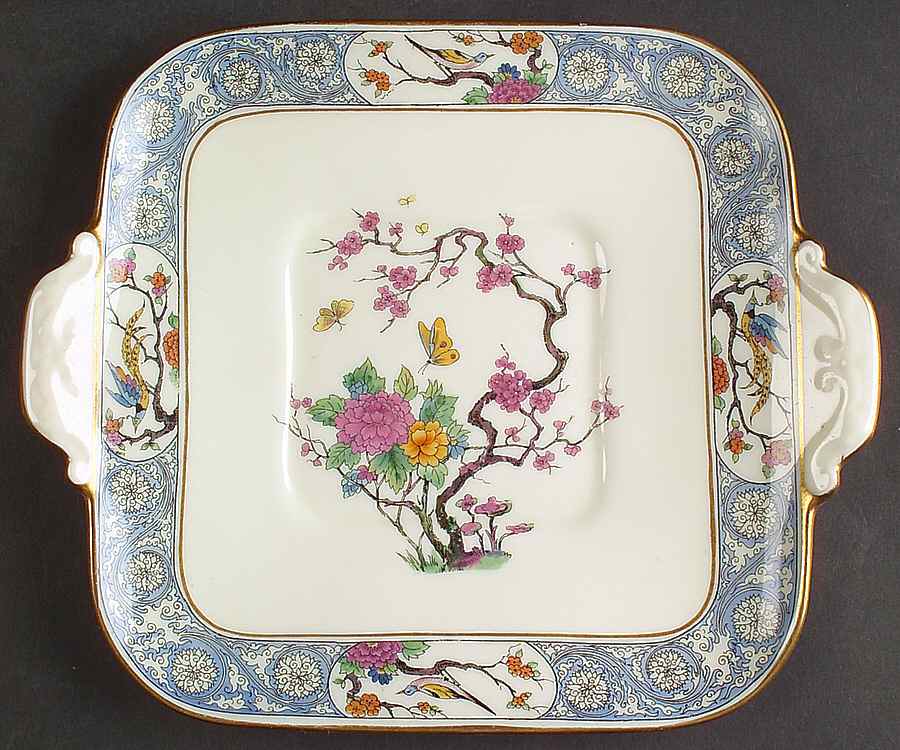 Ming-Birds (Older, Cream, Black Green Stamp) Square Handled Cake Plate by Lenox-1