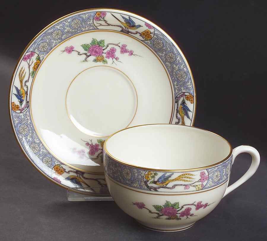 Ming-Birds (Older, Cream, Black Green Stamp) Breakfast Cup & Saucer Set by Lenox-1
