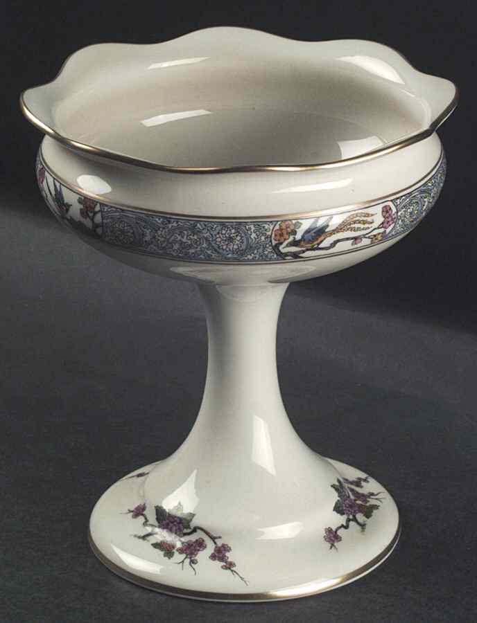 Ming-Birds (Older, Cream, Black Green Stamp) Round Compote (Height X Width) by Lenox-1