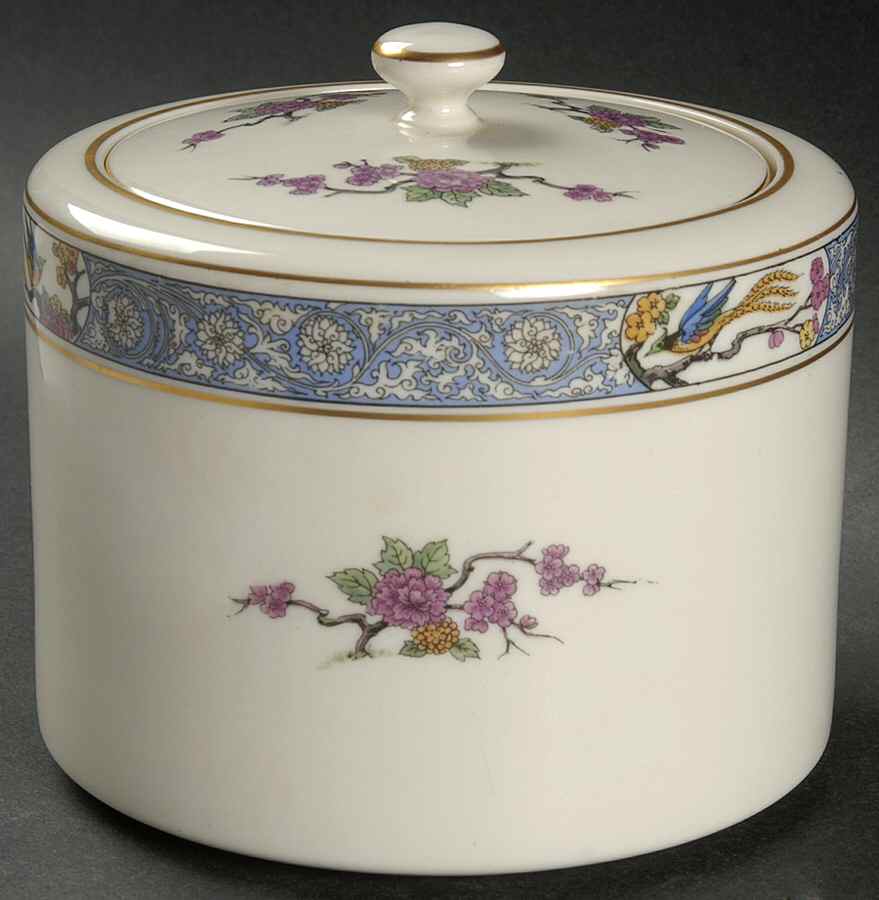 Ming-Birds (Older, Cream, Black Green Stamp) Cracker Jar & Lid by Lenox-1