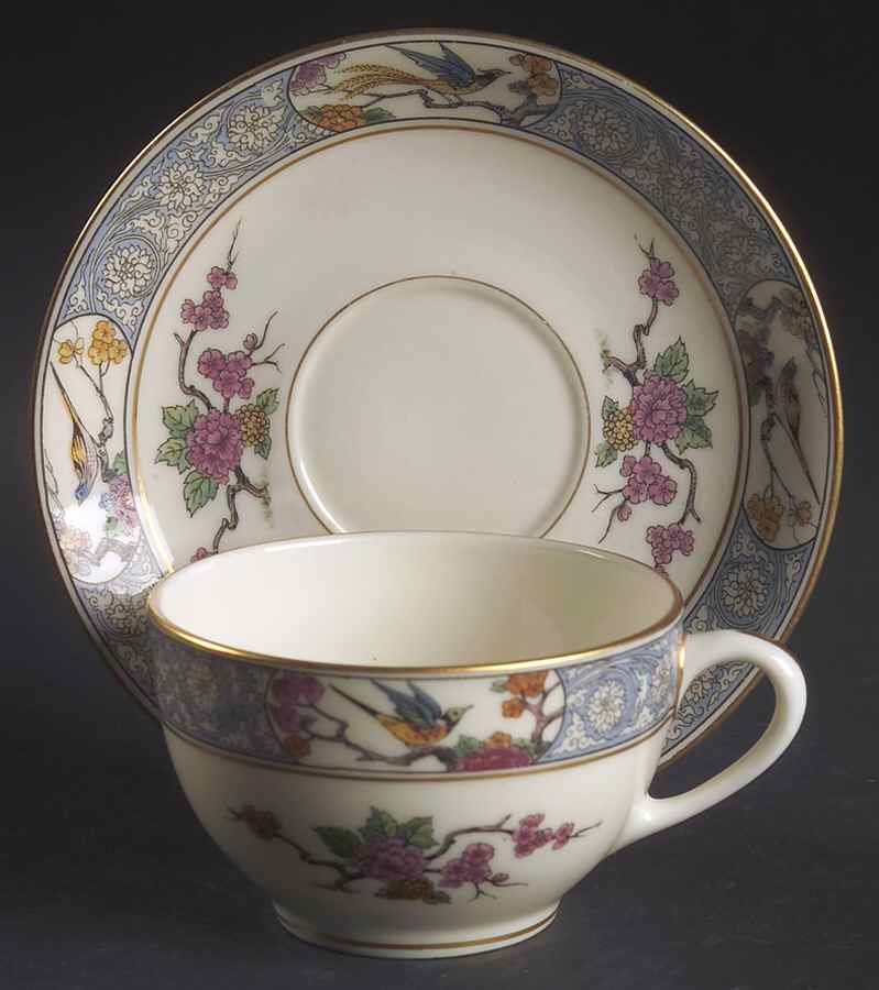 Ming-Birds (Older, Cream, Black Green Stamp) Flat Cup & Saucer Set by Lenox-1