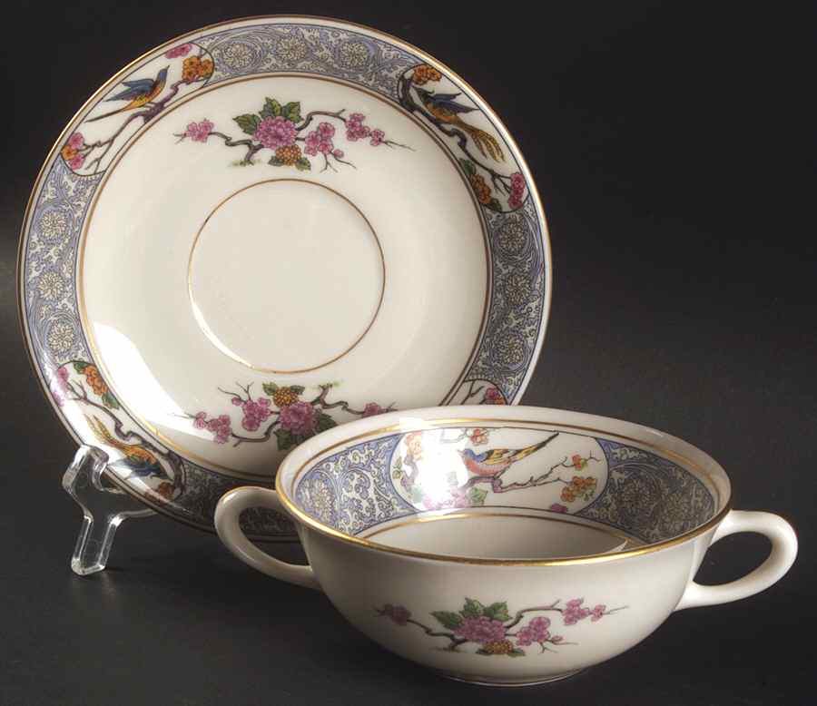 Ming-Birds (Older, Cream, Black Green Stamp) Flat Cream Soup Bowl & Saucer Set by Lenox-1