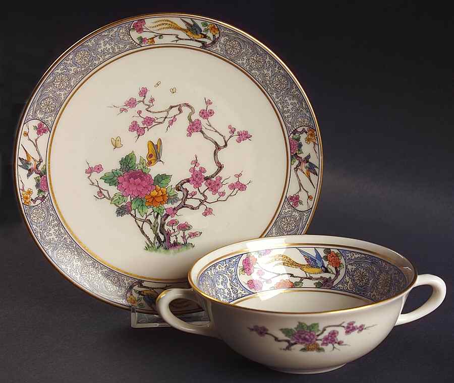 Ming-Birds (Older, Cream, Black Green Stamp) Flat Cream Soup Bowl & Saucer Set by Lenox-1