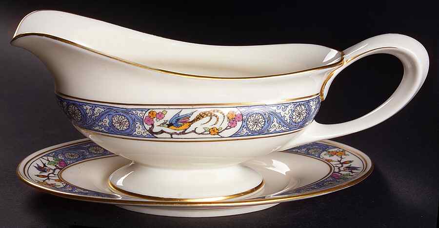 Ming-Birds (Older, Cream, Black Green Stamp) Gravy Boat & Underplate by Lenox-1