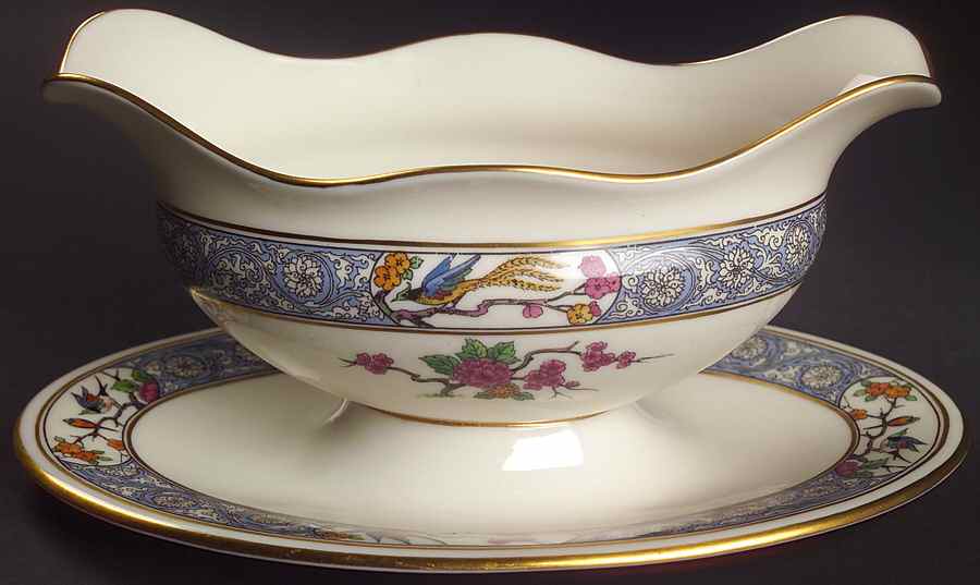 Ming-Birds (Older, Cream, Black Green Stamp) Gravy Boat with Attached Underplate by Lenox-1
