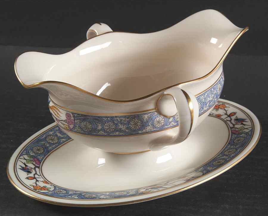 Ming-Birds (Older, Cream, Black Green Stamp) Gravy Boat with Attached Underplate by Lenox-1