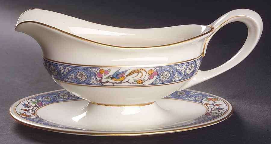 Ming-Birds (Older, Cream, Black Green Stamp) Gravy Boat with Attached Underplate by Lenox-1
